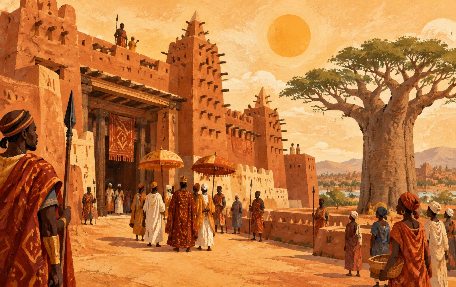 Illustration d'enfants entrant dans une grande bibliothèque d'un royaume ouest-africain